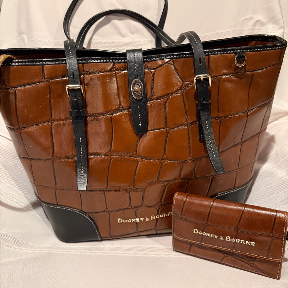 Dooney & Bourke Croc-Embossed Brown and Black tot and wallet set